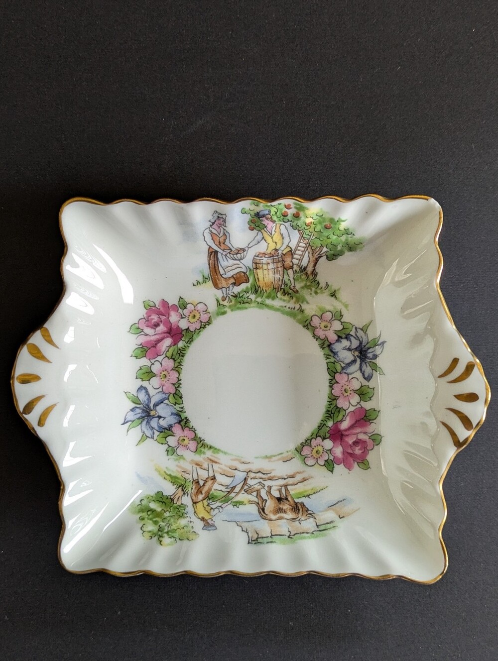 Crown Staffordshire Evangeline's Arcadian Gardens Vintage Square Candy Dish Flaw